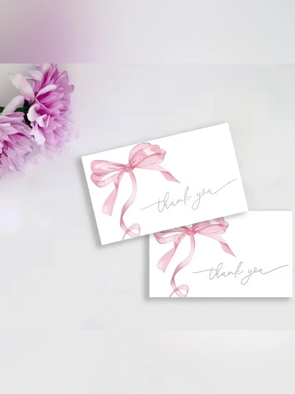 Pink Ribbon Thank You Cards - 50 pc Set of Elegant Note Cards Blank Back